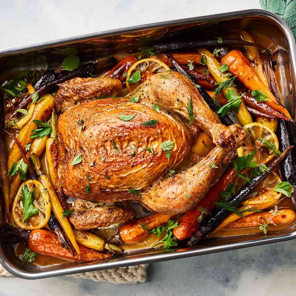 Lemon Roast Chicken With Rainbow Carrots