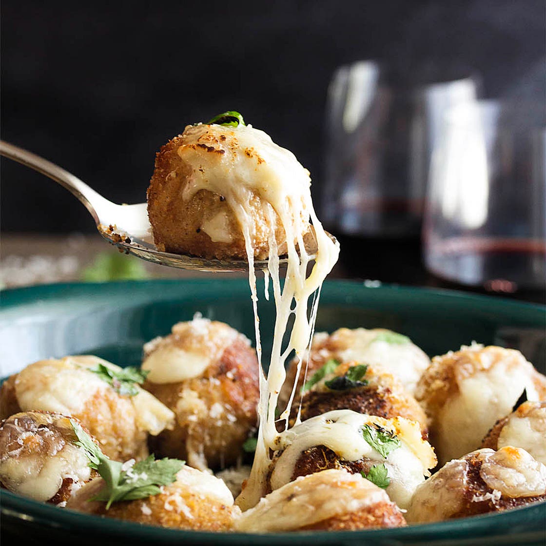 Crispy Chicken Parmesan Meatballs Stuffed with Mozzarella