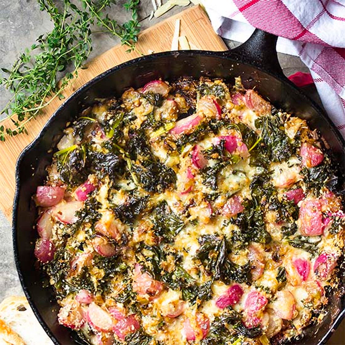 Kale, Radish, and Leek Gratin with Gruyere Cheese