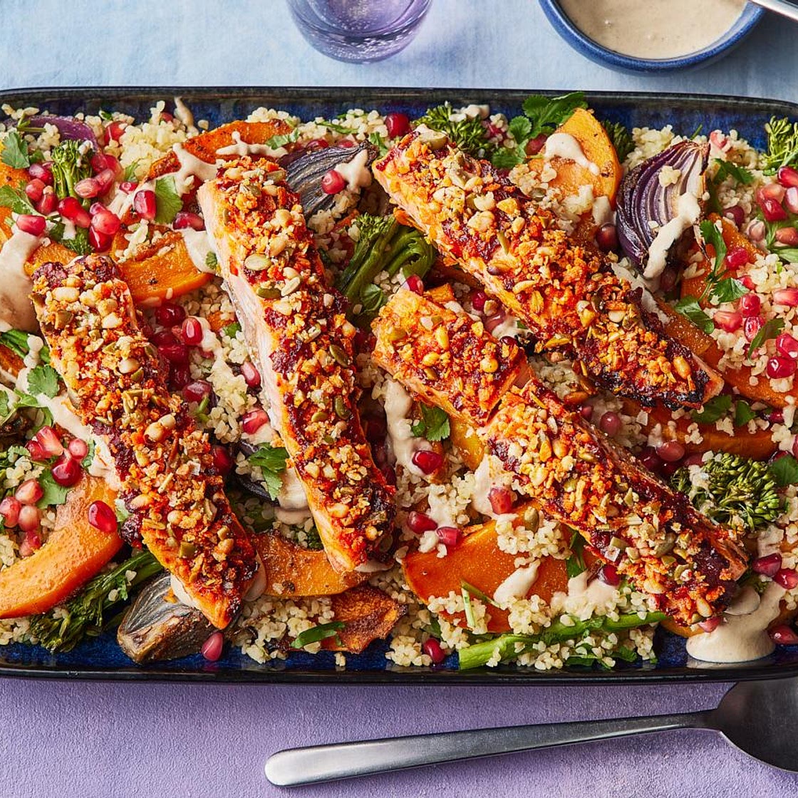 Harissa salmon with roasted squash and bulgur wheat