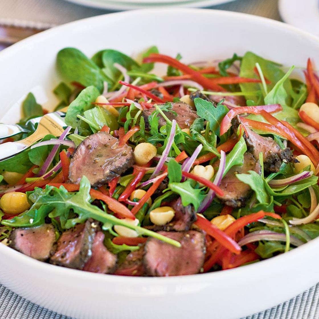 Barbecued kangaroo and macadamia salad with honey mustard dressing