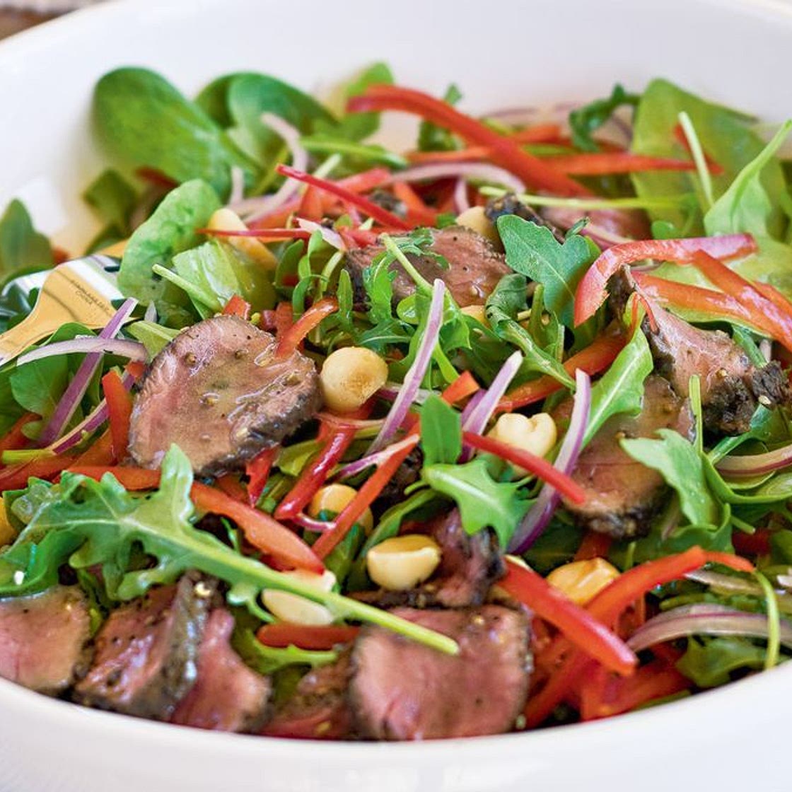 Barbecued kangaroo and macadamia salad with honey mustard dressing