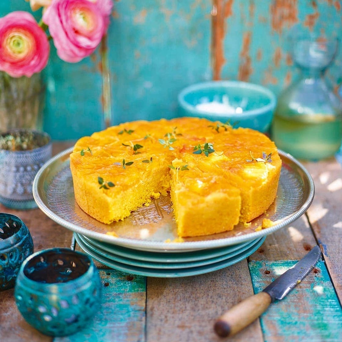 Orange, polenta and olive oil cake with mascarpone and thyme
