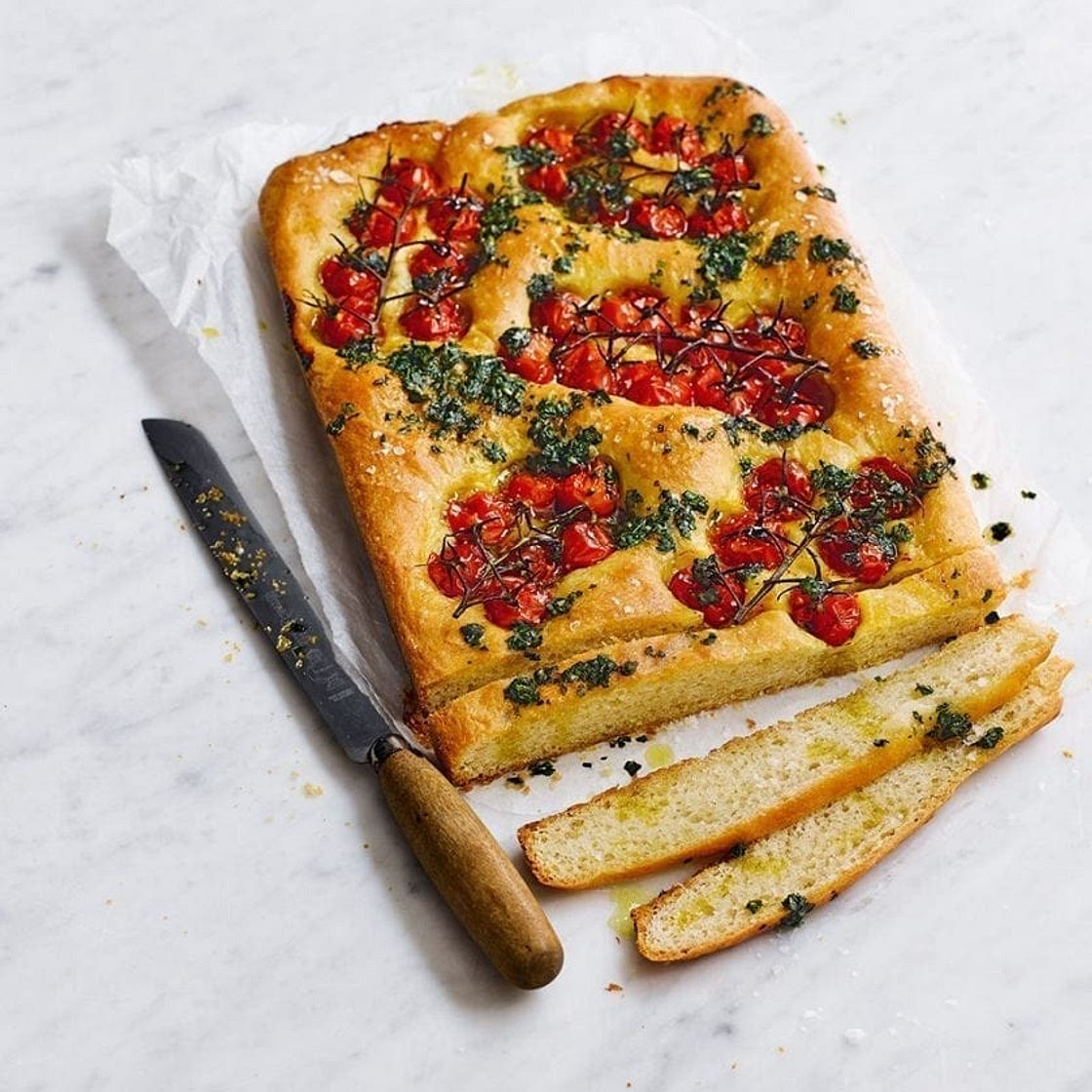 Tomato and basil pesto focaccia