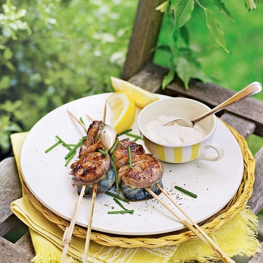 Teriyaki mackerel skewers
