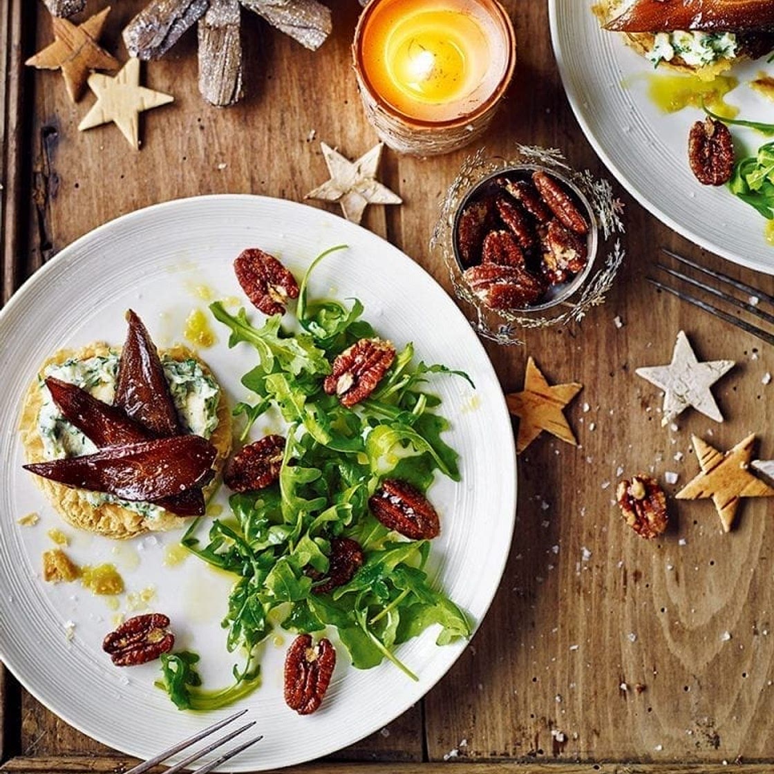 Pickled pear, caramelised pecan and stilton tartlets