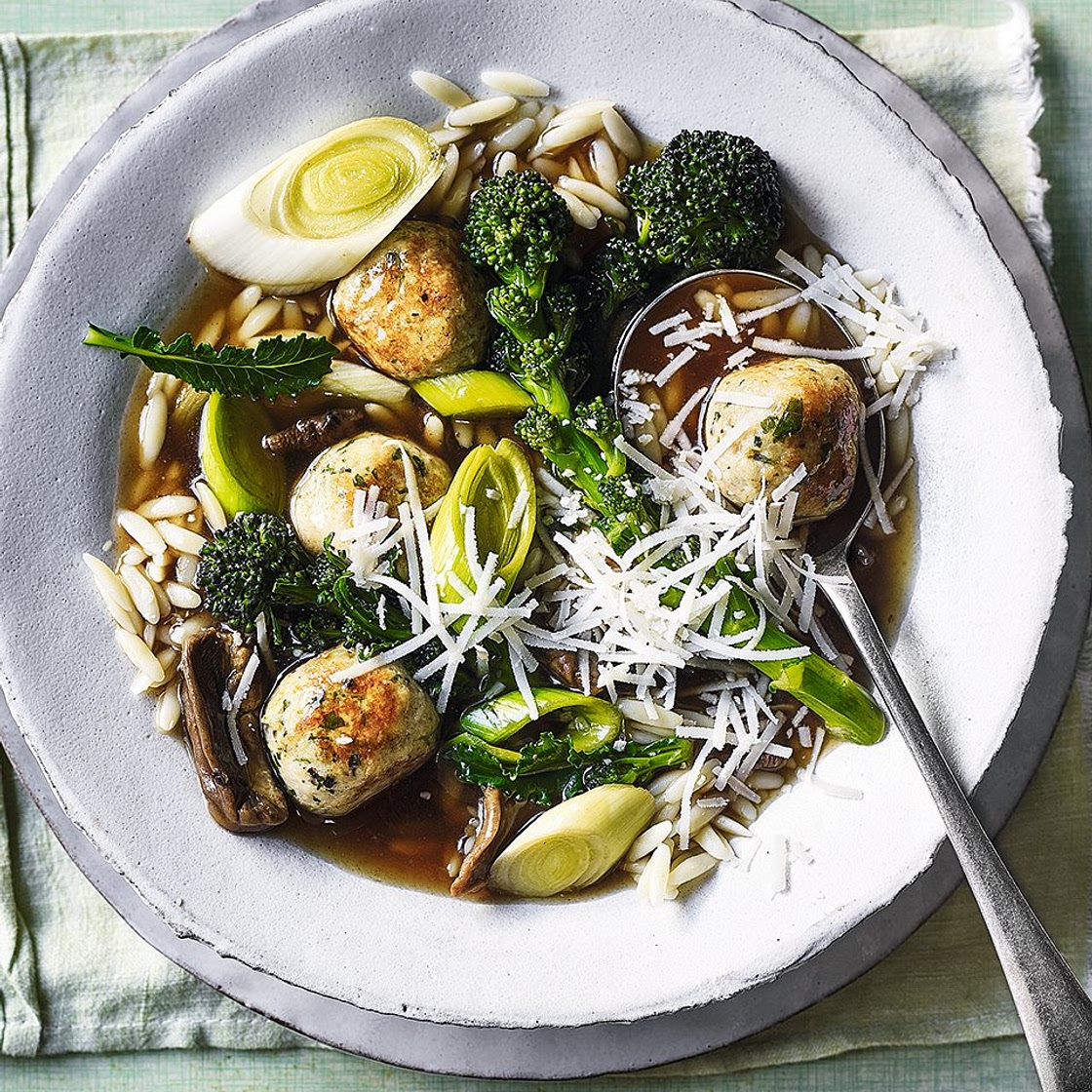 Chicken meatball and orzo broth