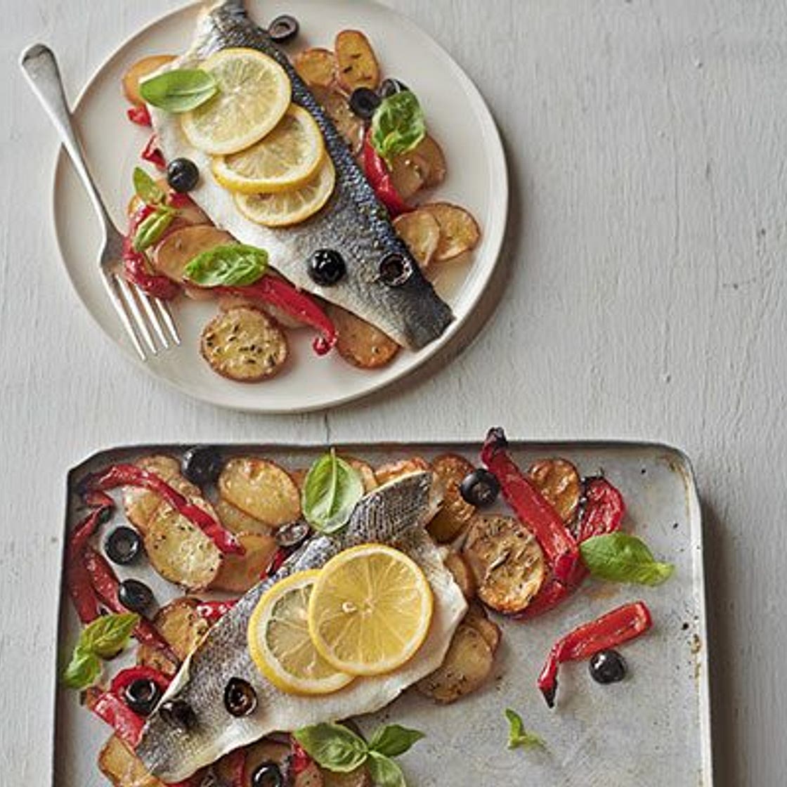 Roast sea bass & vegetable traybake