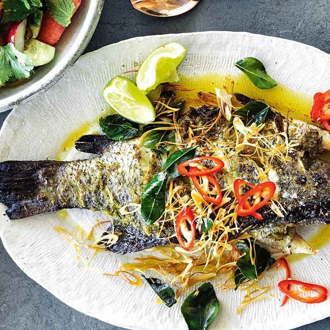 Barramundi, lemongrass and lime leaves