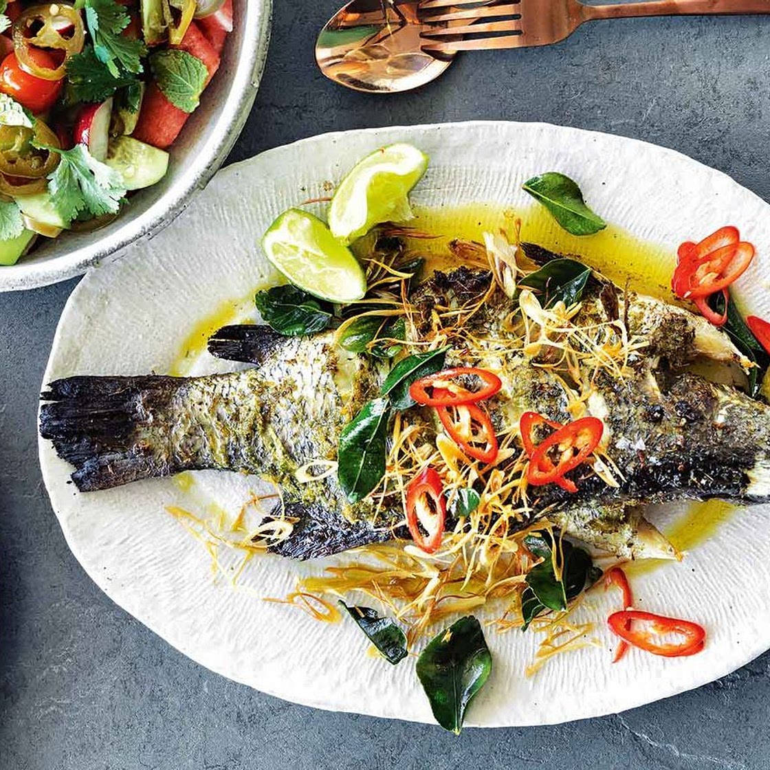 Barramundi, lemongrass and lime leaves