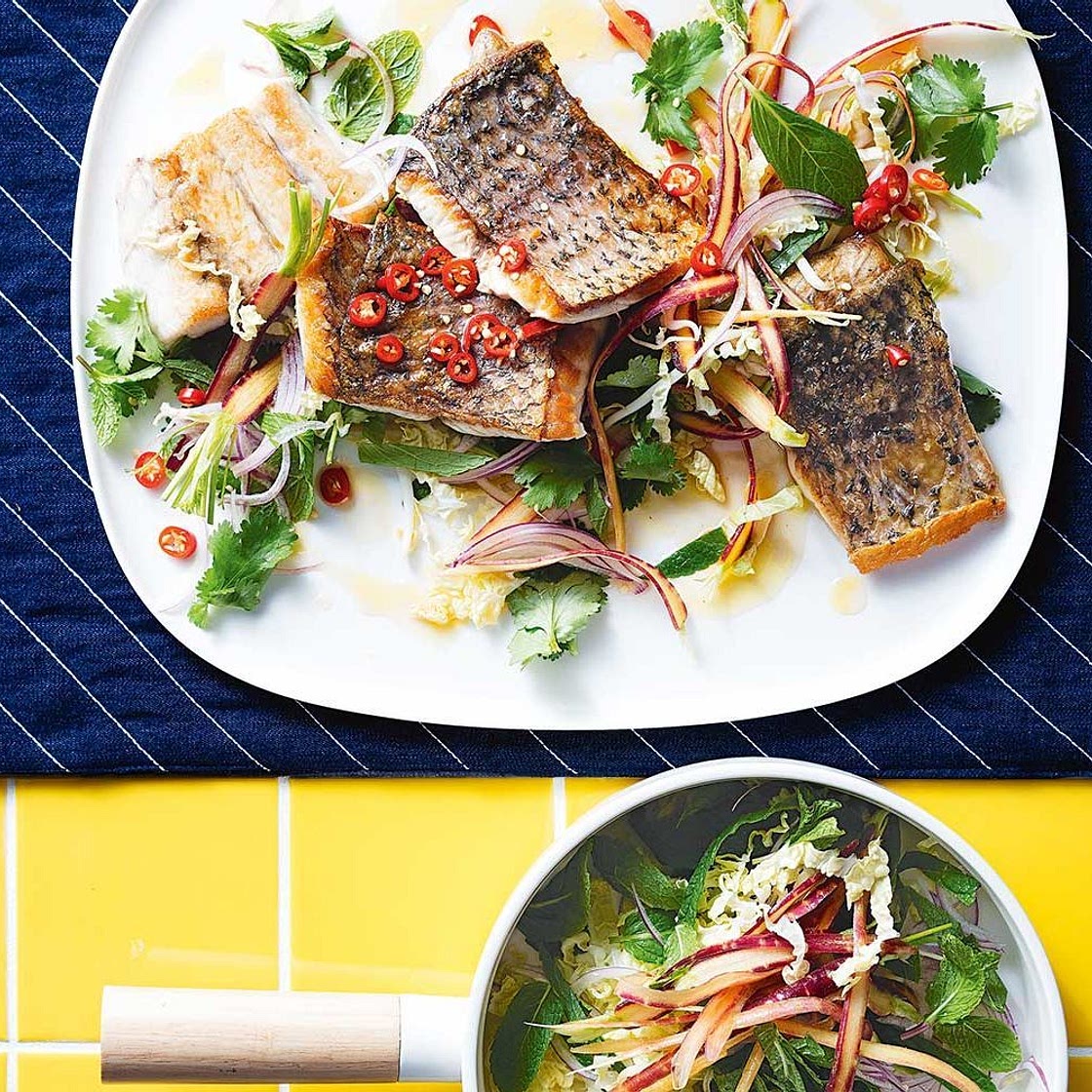 Crispy skin barramundi and vietnamese slaw