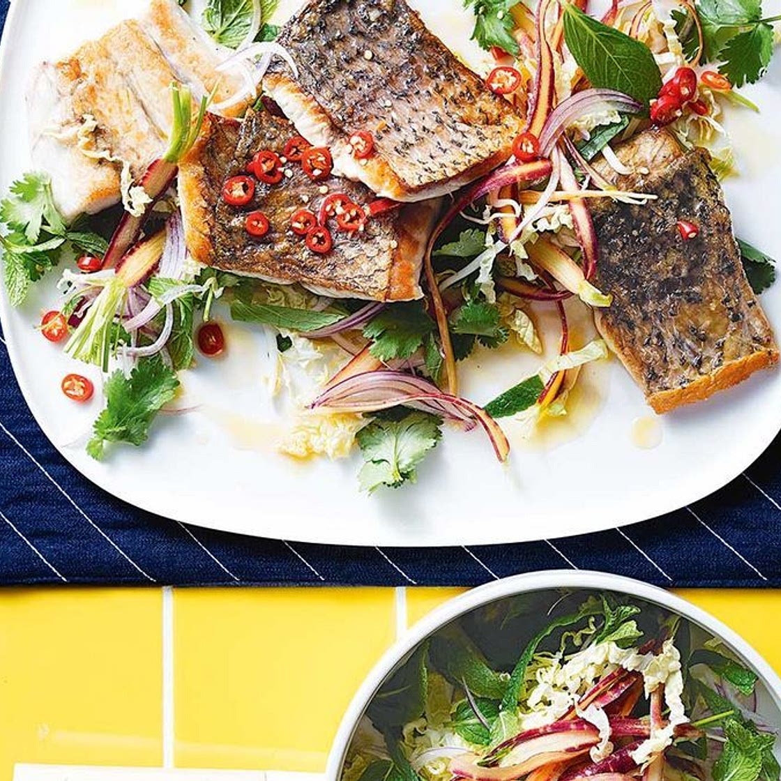 Crispy skin barramundi and vietnamese slaw