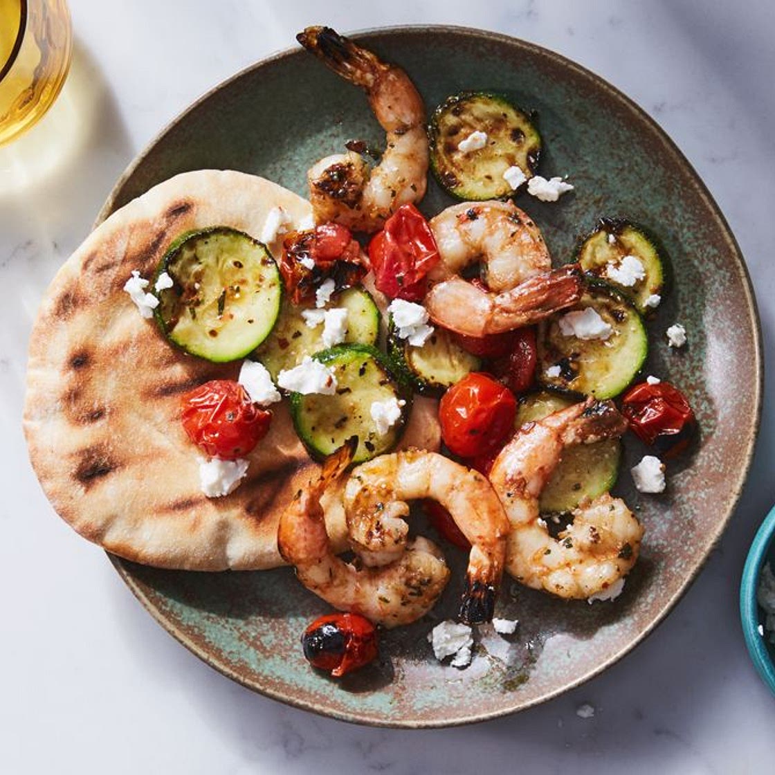 Grilled Shrimp, Zucchini, and Tomatoes with Feta in a Grill Basket