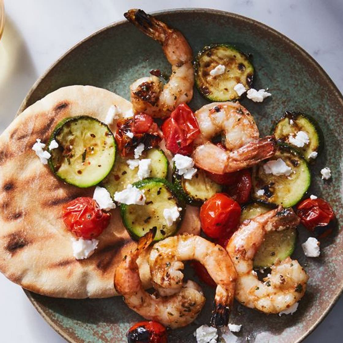 Grilled Shrimp, Zucchini, and Tomatoes with Feta in a Grill Basket