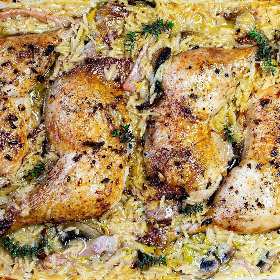 Tray-baked chicken marylands with risoni recipe