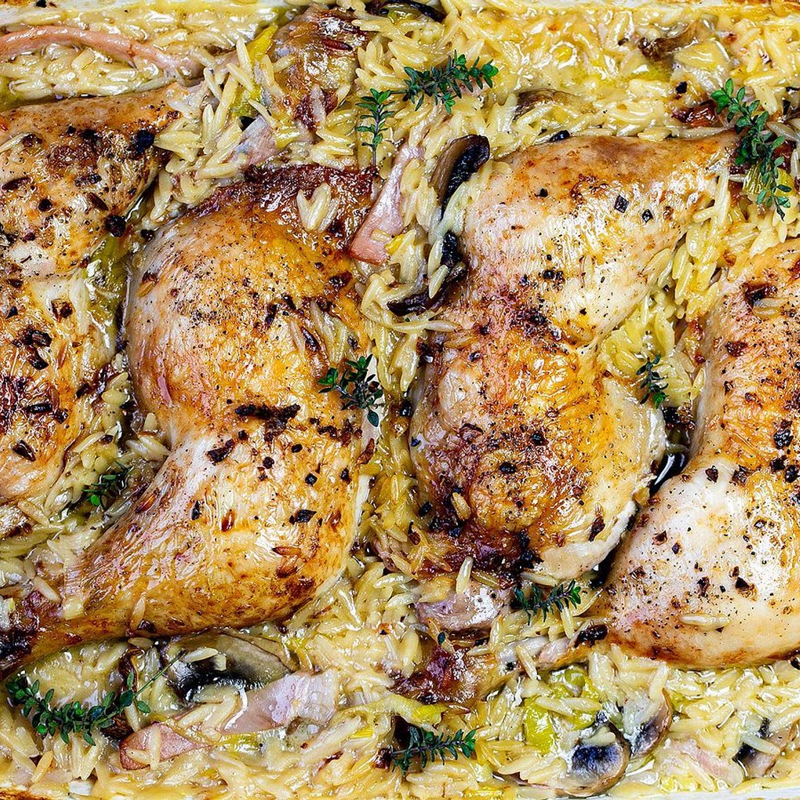 Tray-baked chicken marylands with risoni recipe