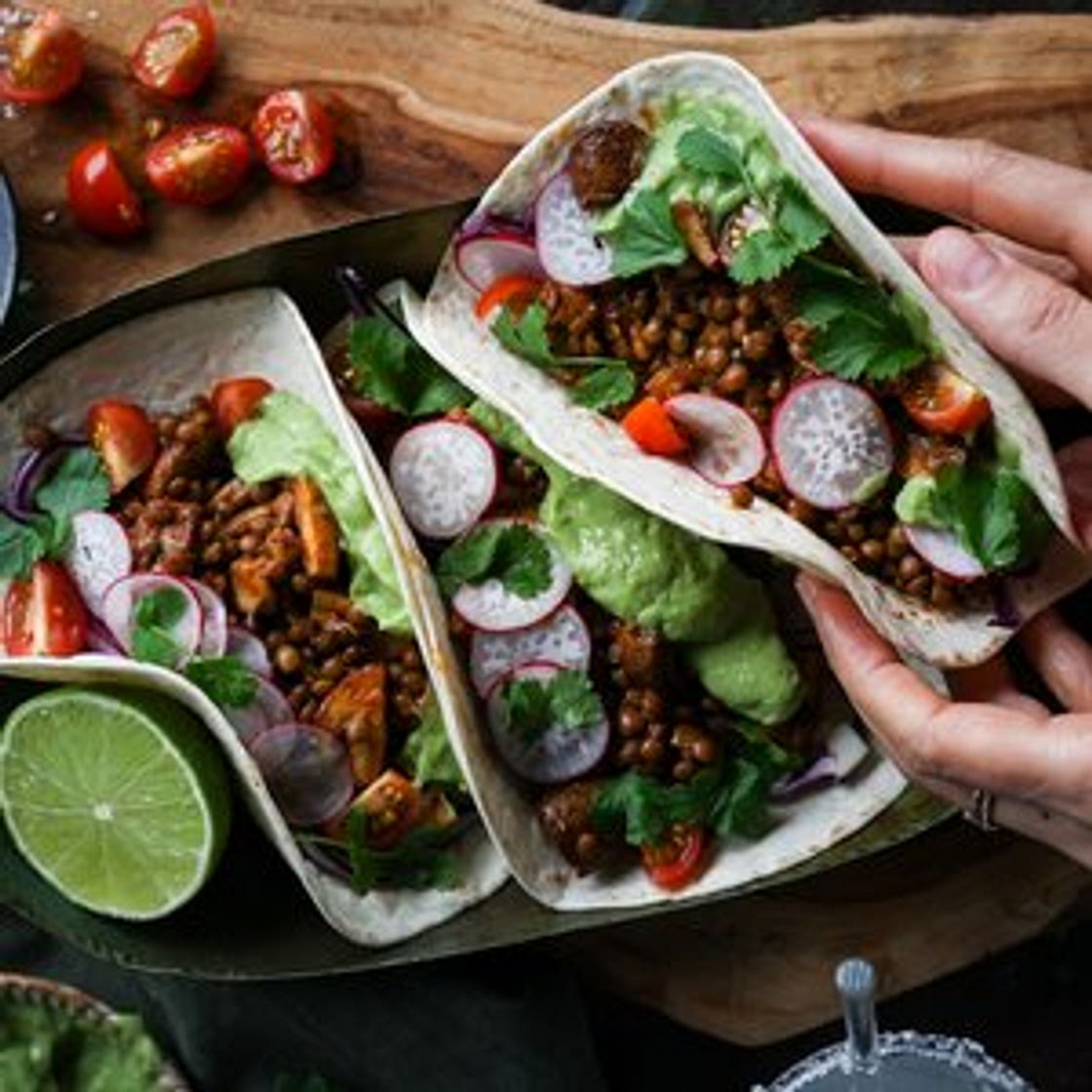 Mushroom & Lentil Tacos with Garlic Avocado Cream