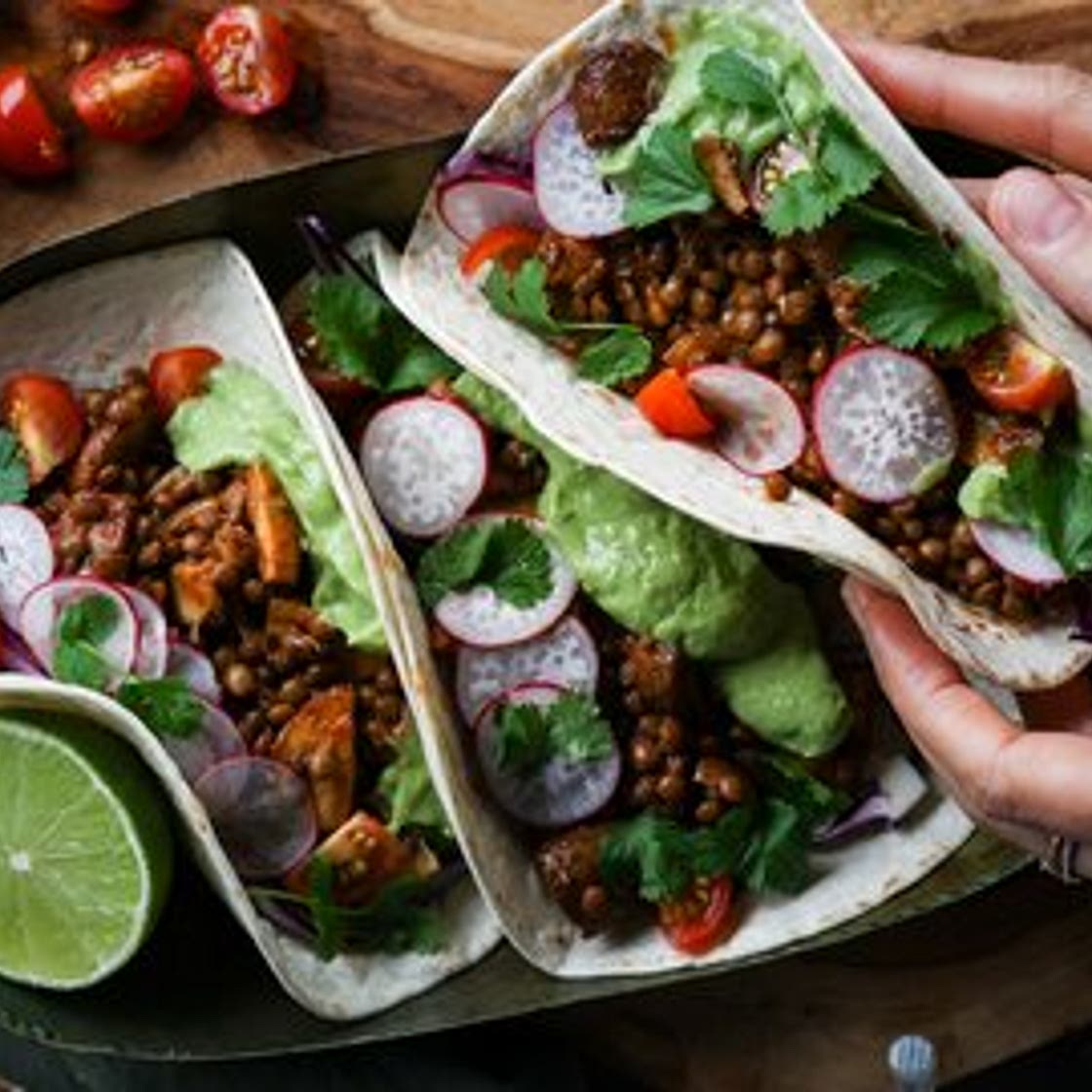 Mushroom & Lentil Tacos with Garlic Avocado Cream