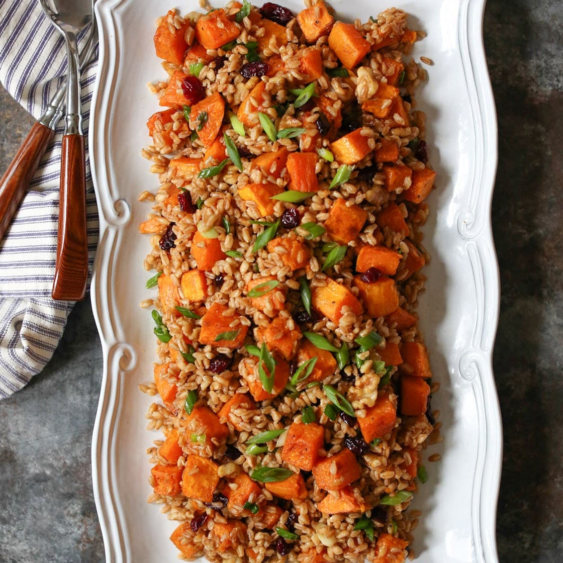 Fall Farro Salad with Butternut Squash, Walnuts and Cranberries