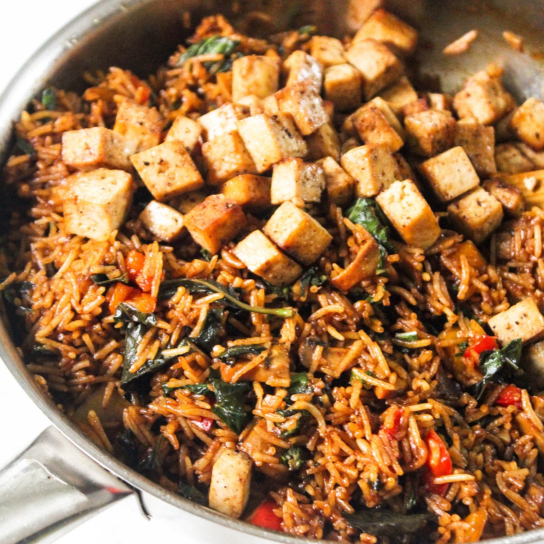 Asian Basil Rice with Mushrooms, Tofu and Peppers