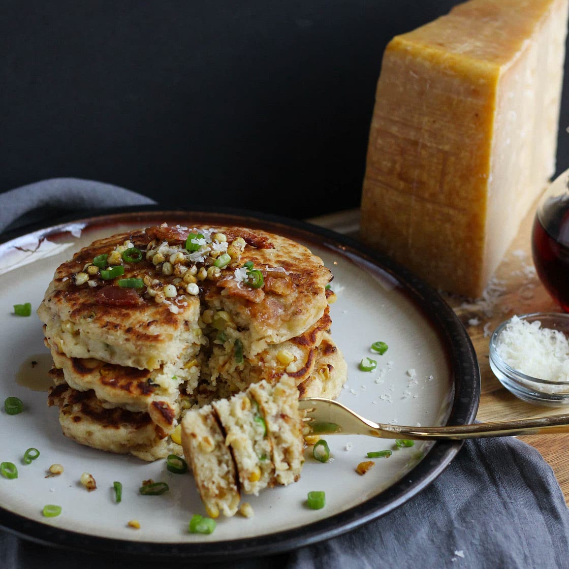 Parmesan Pancakes with Caramelized Corn and Bacon