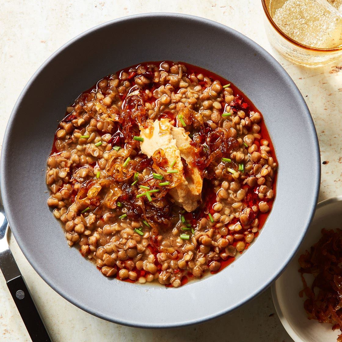 Lentils With Caramelized Onion Aioli and Crispy Chile Oil