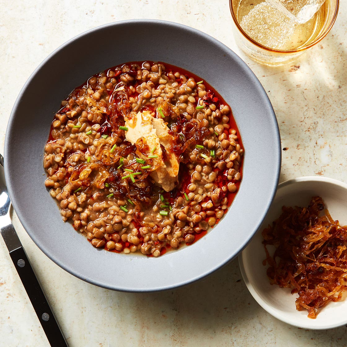 Lentils With Caramelized Onion Aioli and Crispy Chile Oil
