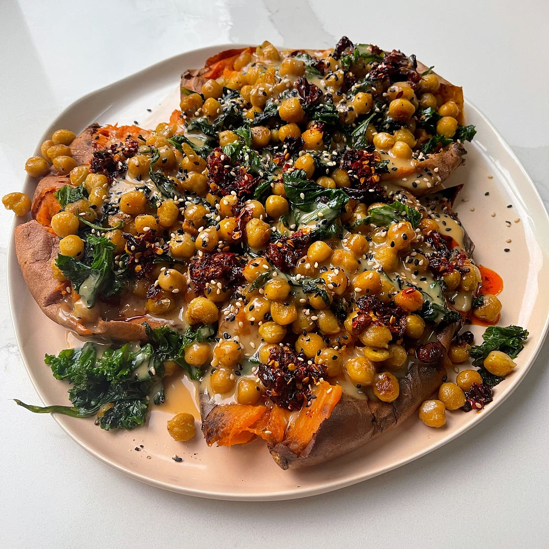 Sweet Potatoes with Tahini Butter Chickpeas