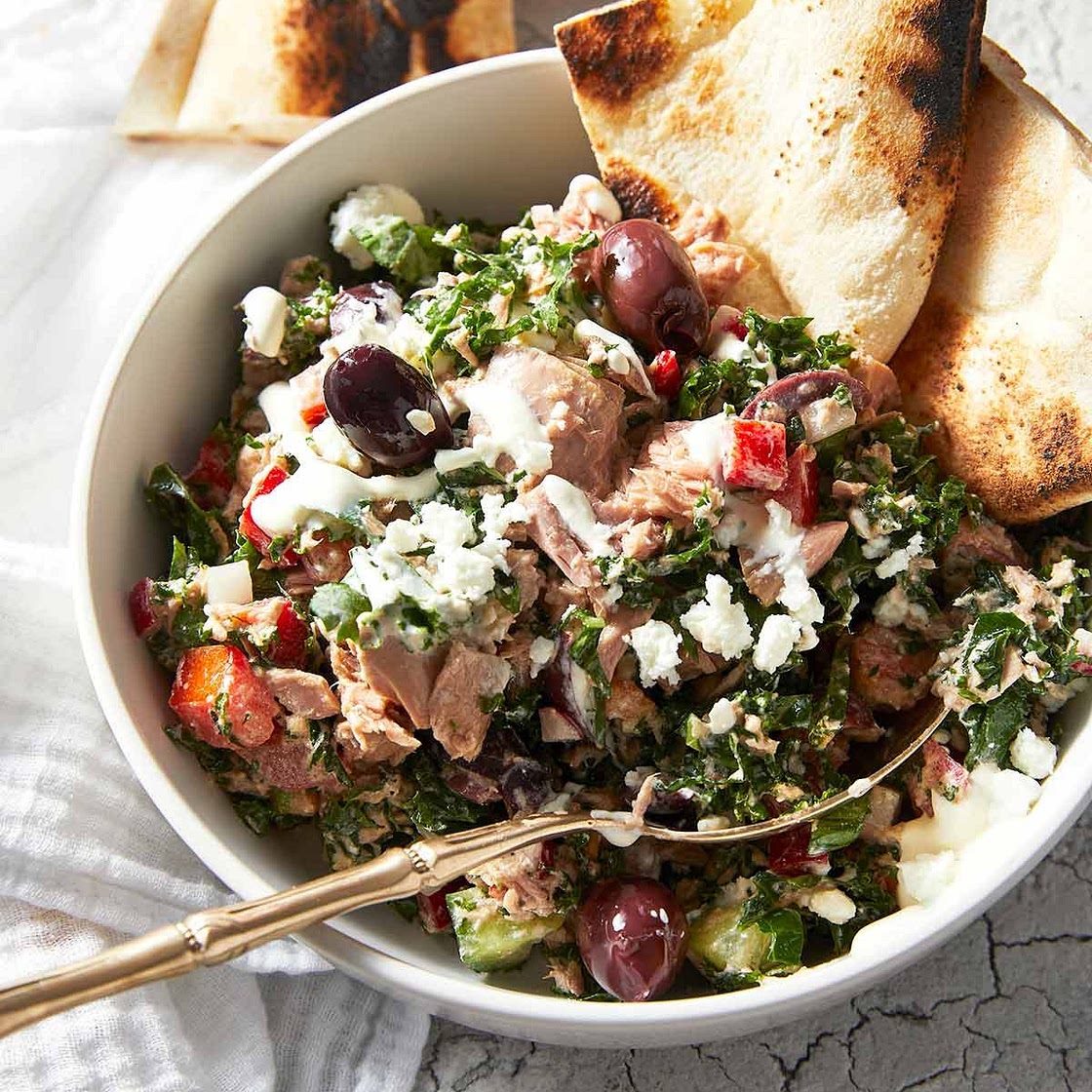 Mediterranean tuna salad with creamy feta dressing