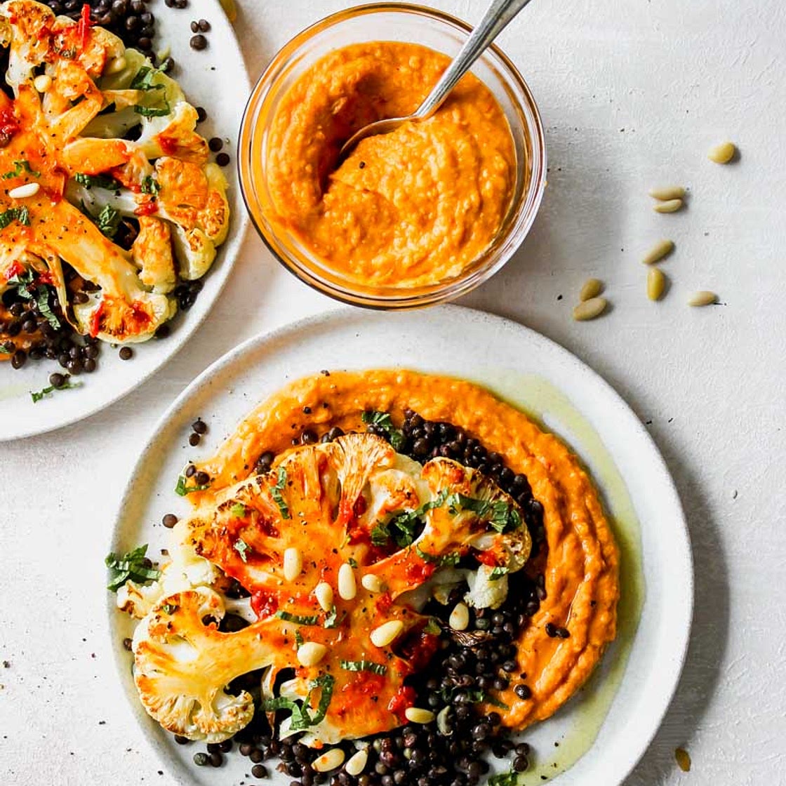 Cauliflower Steaks with Lemon-Caper Lentils and Harissa "Hummus"
