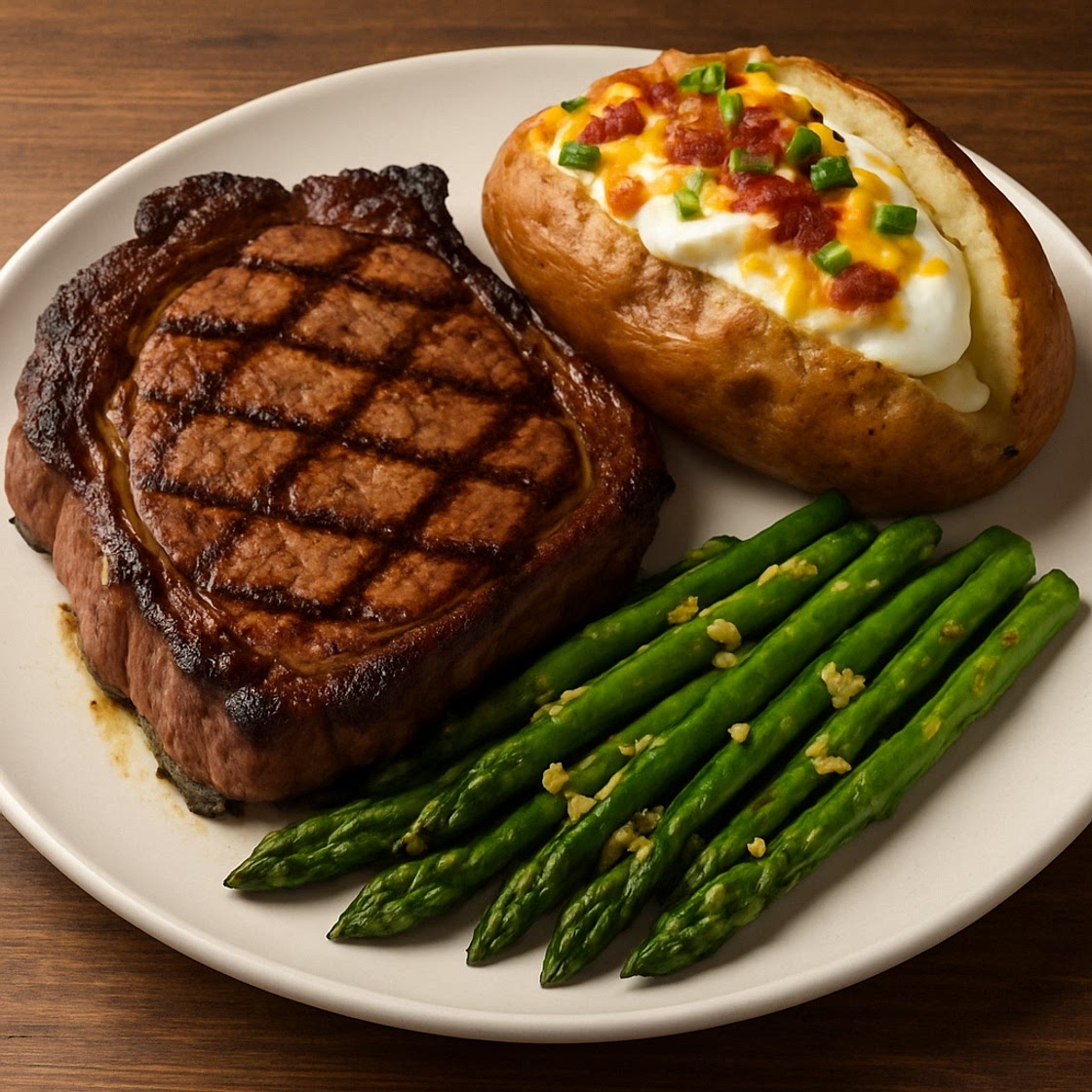 Steakhouse Ribeye Plate with Loaded Baked Potato & Garlic Asparagus