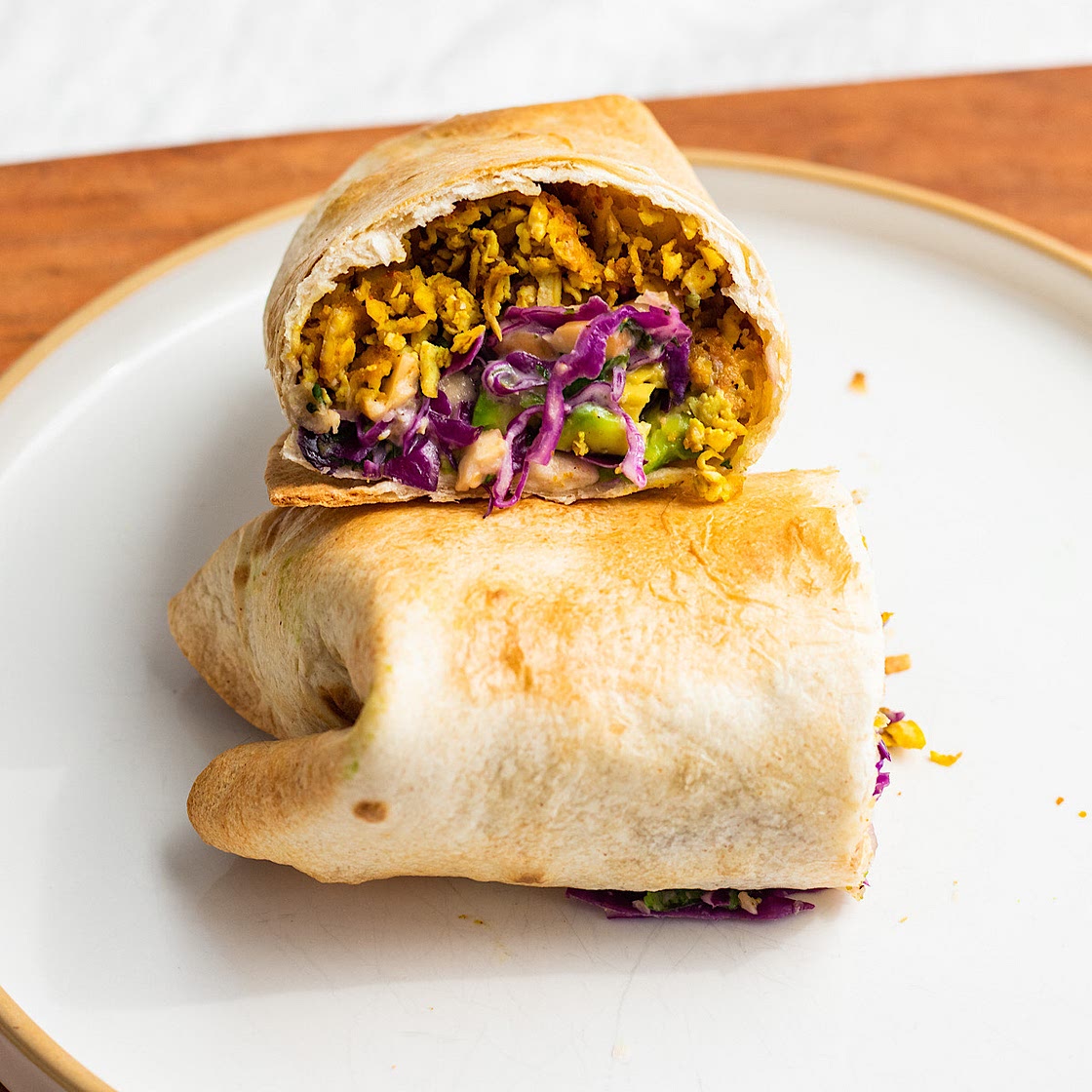 Curry Shredded Tofu Burrito with cabbage slaw (vegan)