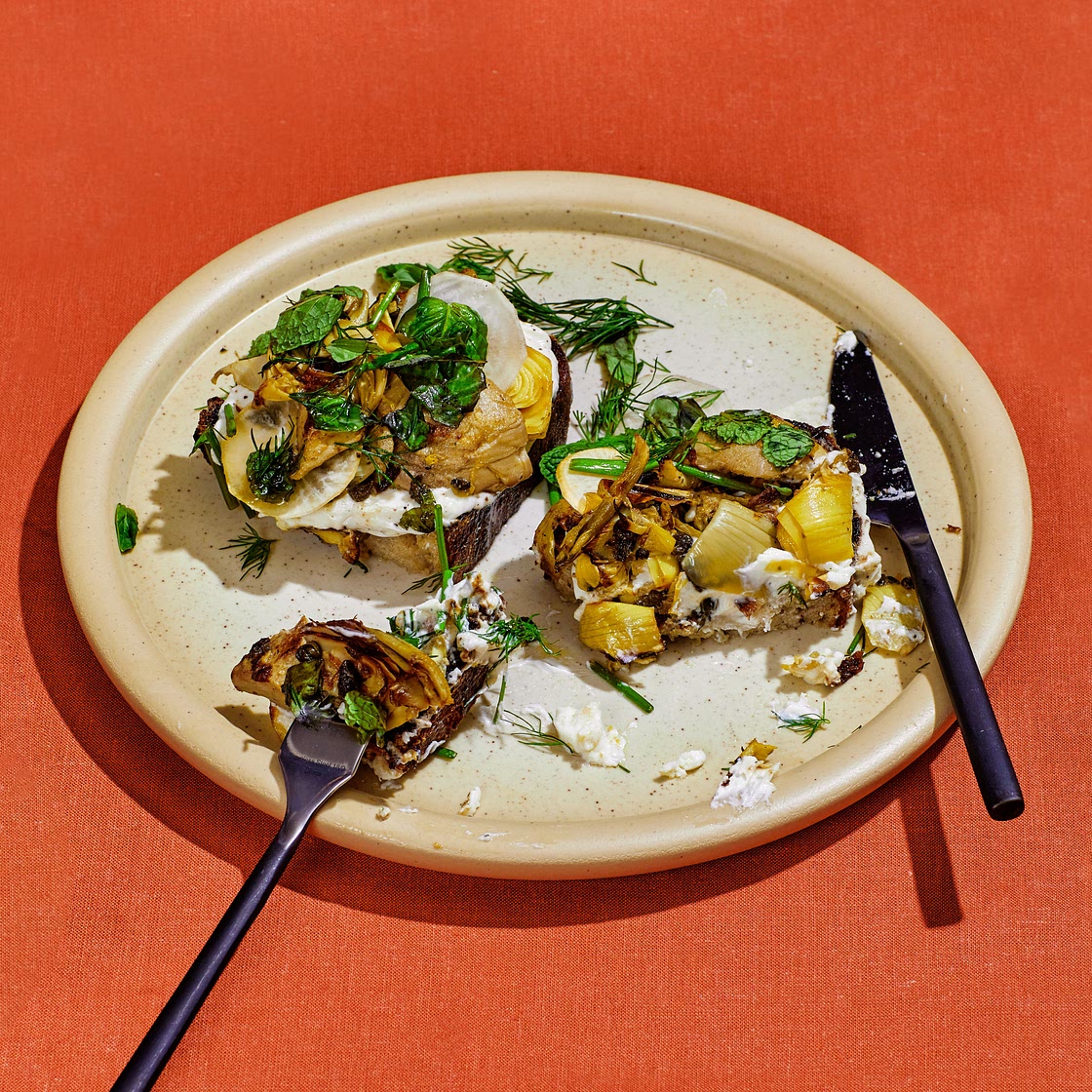 Fried Caper and Artichoke Toasts