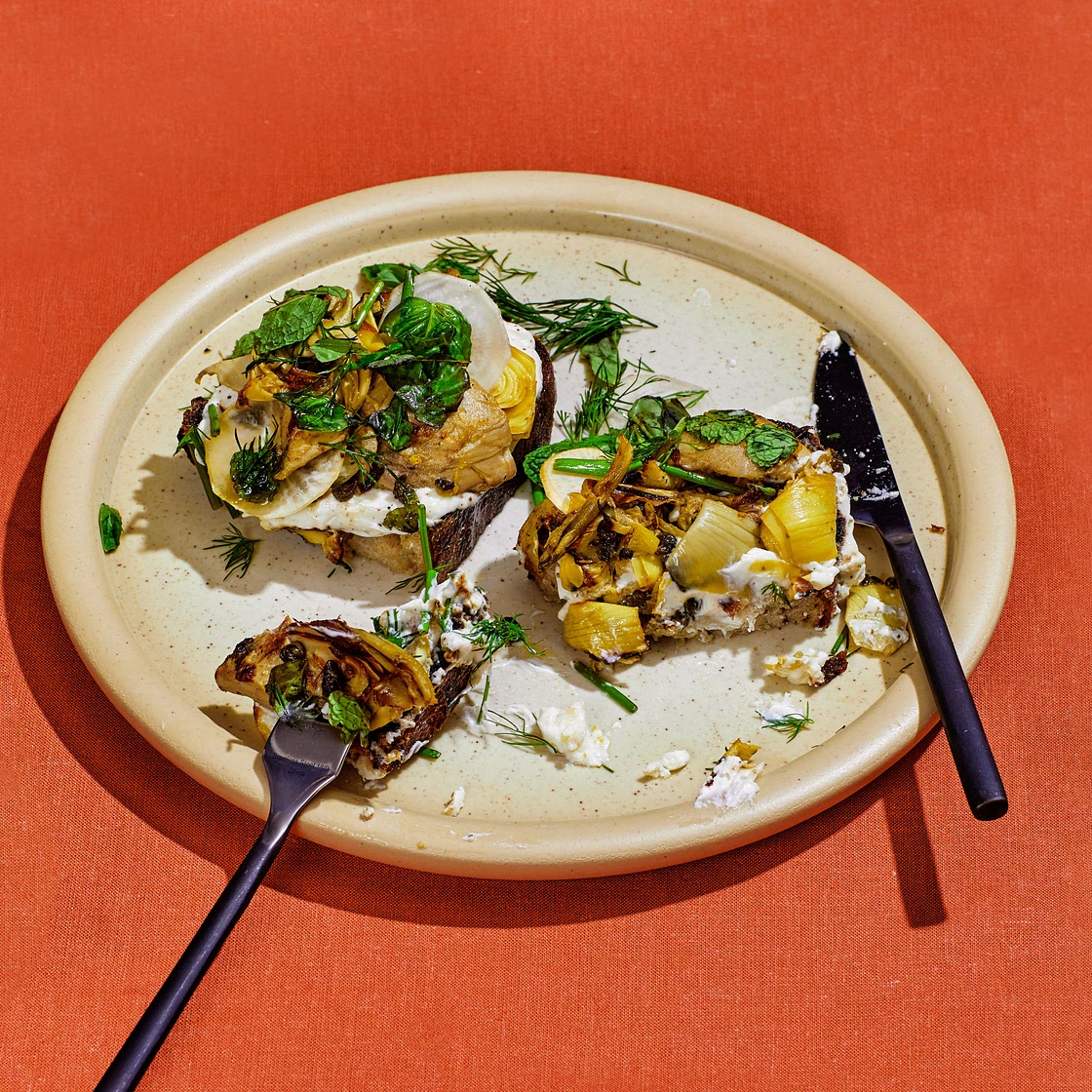 Fried Caper and Artichoke Toasts