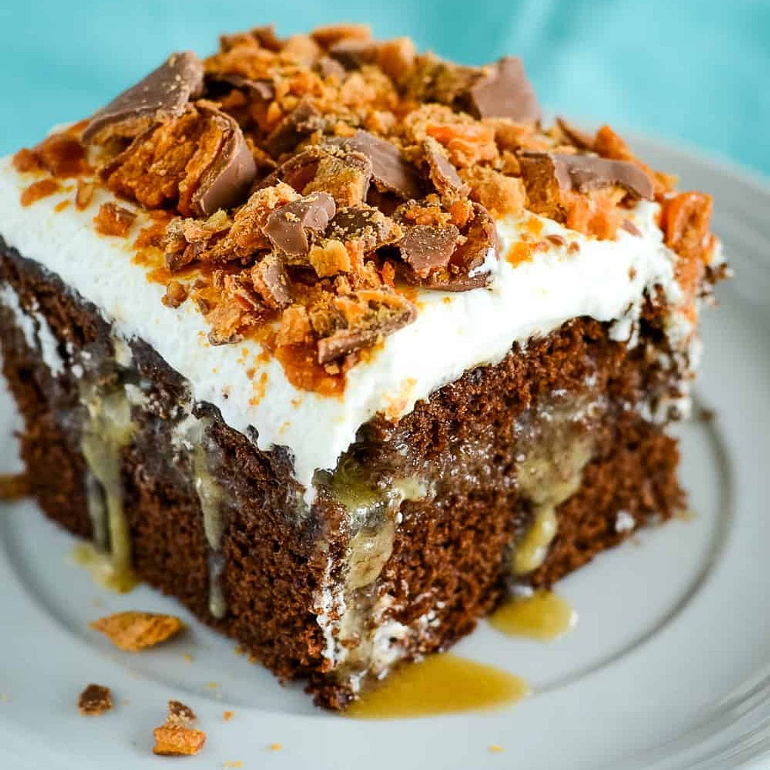 Chocolate Butterfinger Poke Cake