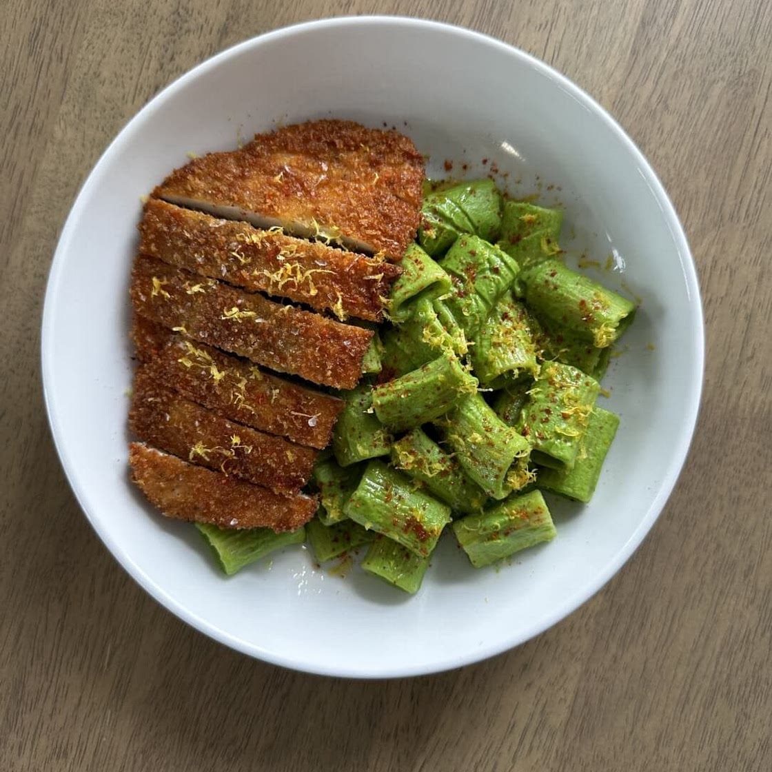 Creamy Broccoli Rigatoni with Crispy Pecorino Chicken