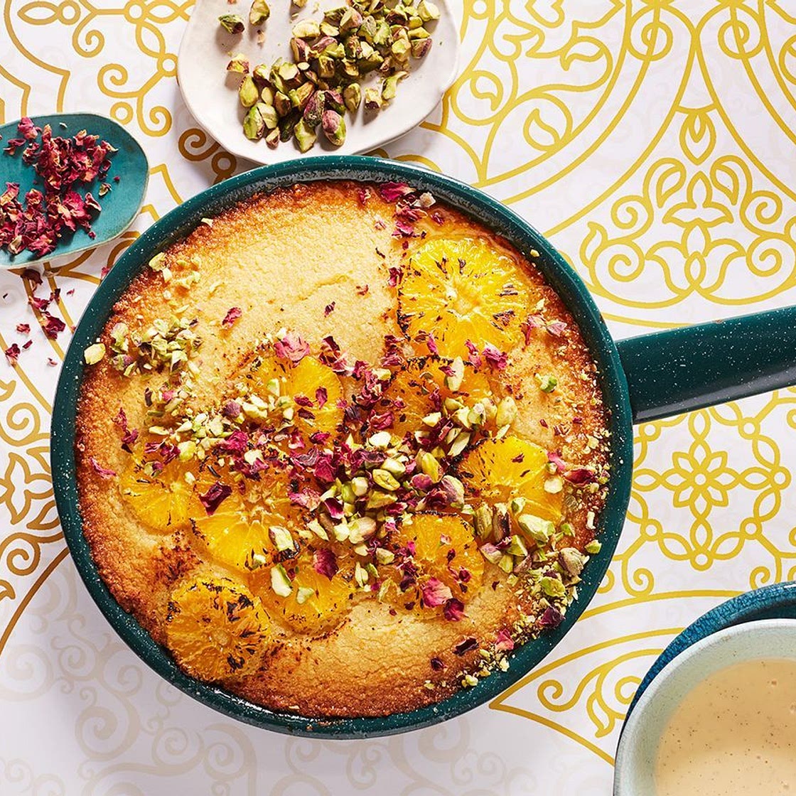 Sticky orange and semolina pudding with rose custard