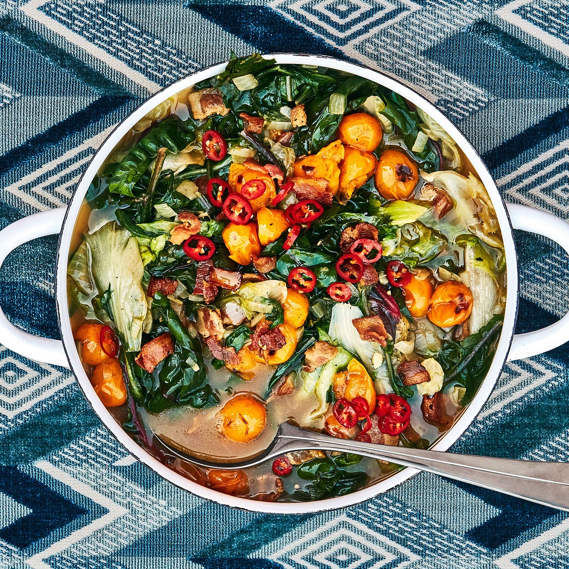 Wilted Greens in Tomato-Bacon Broth