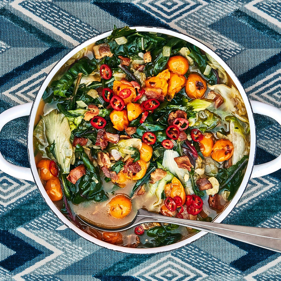 Wilted Greens in Tomato-Bacon Broth