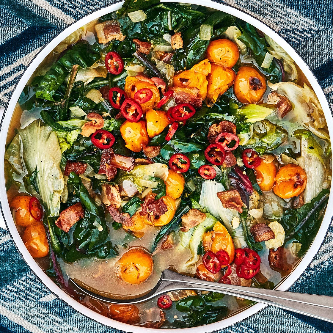 Wilted Greens in Tomato-Bacon Broth