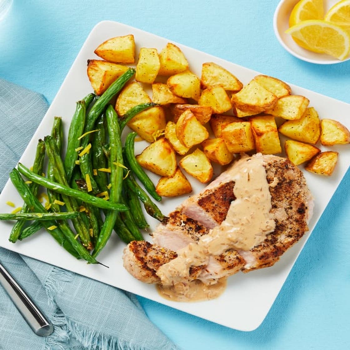 Steakhouse Pork Chops with a Creamy Shallot Pan Sauce & Lemony Green Beans