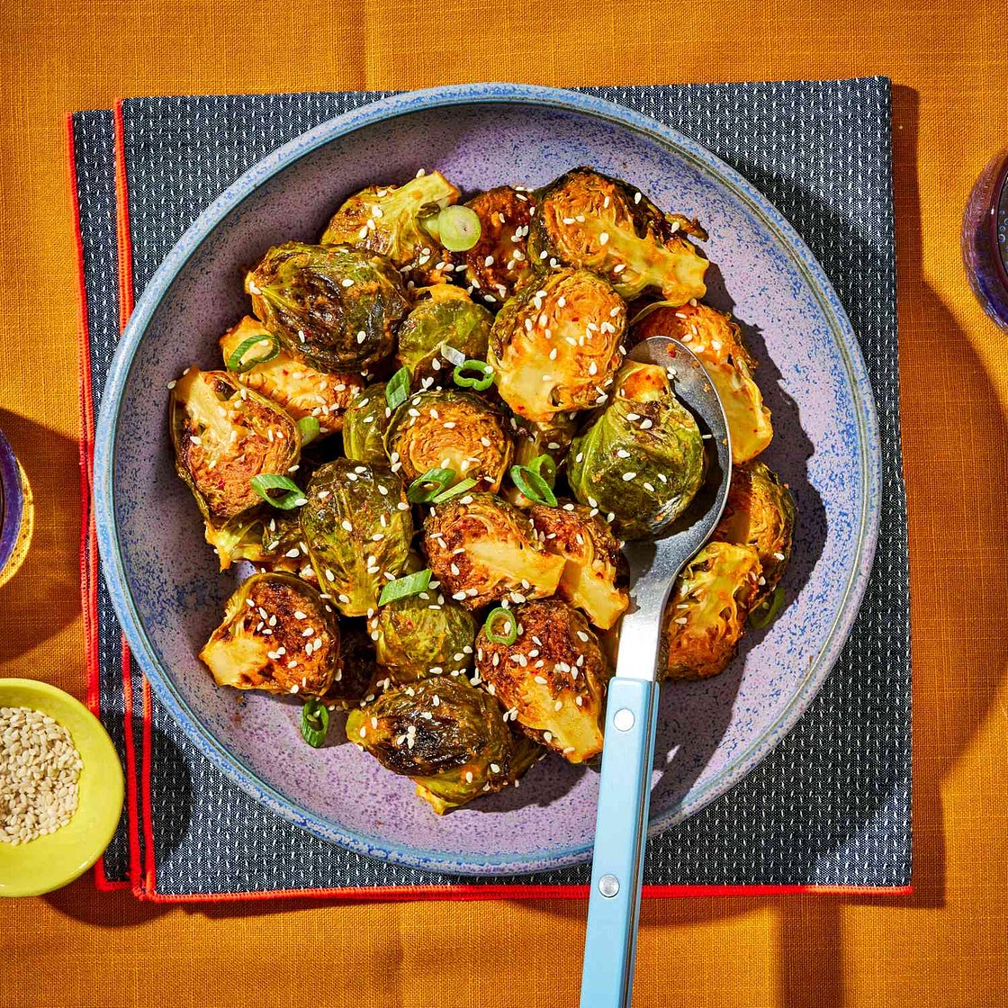 Roasted Brussels Sprouts with Kimchi Vinaigrette Is the Gut-Healthy Veggie Side You’ve Been Waiting For
