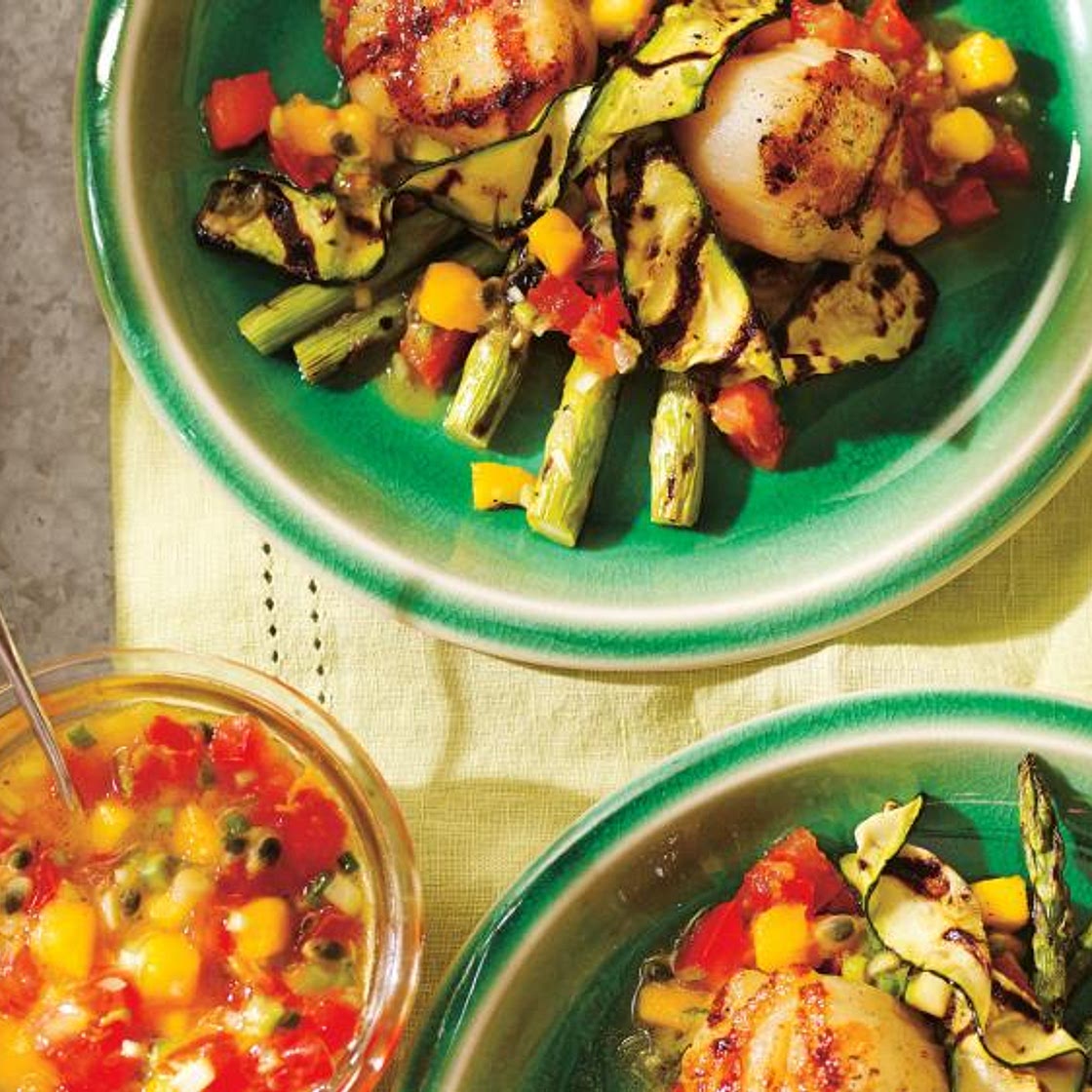 Grilled Scallops and Vegetables with Mango-Passion Fruit Salsa