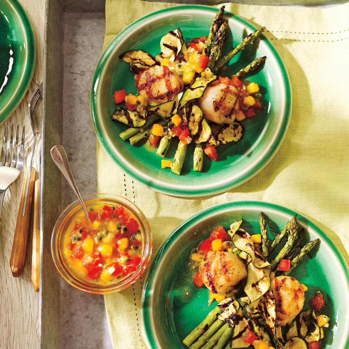 Grilled Scallops and Vegetables with Mango-Passion Fruit Salsa