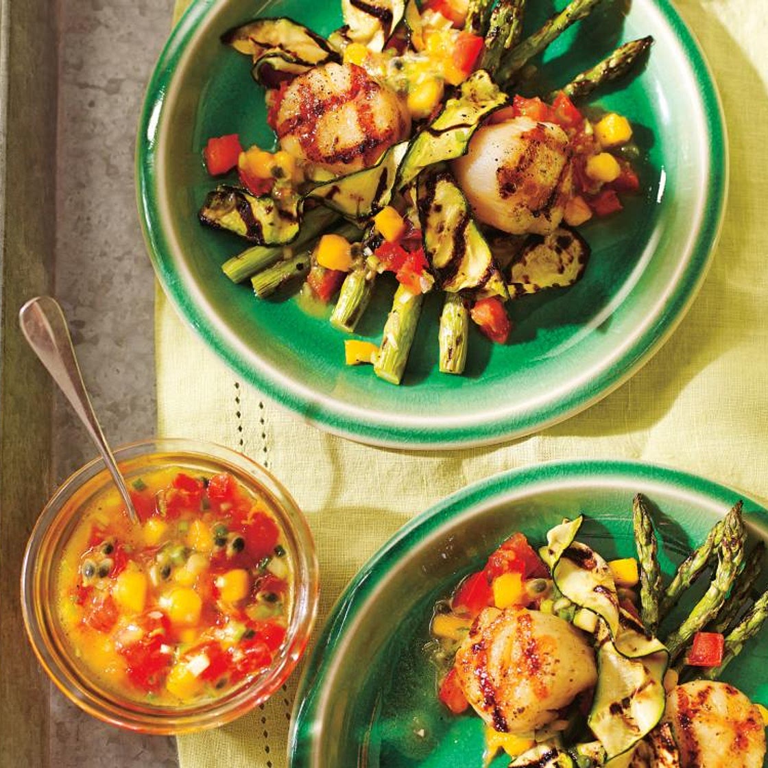 Grilled Scallops and Vegetables with Mango-Passion Fruit Salsa