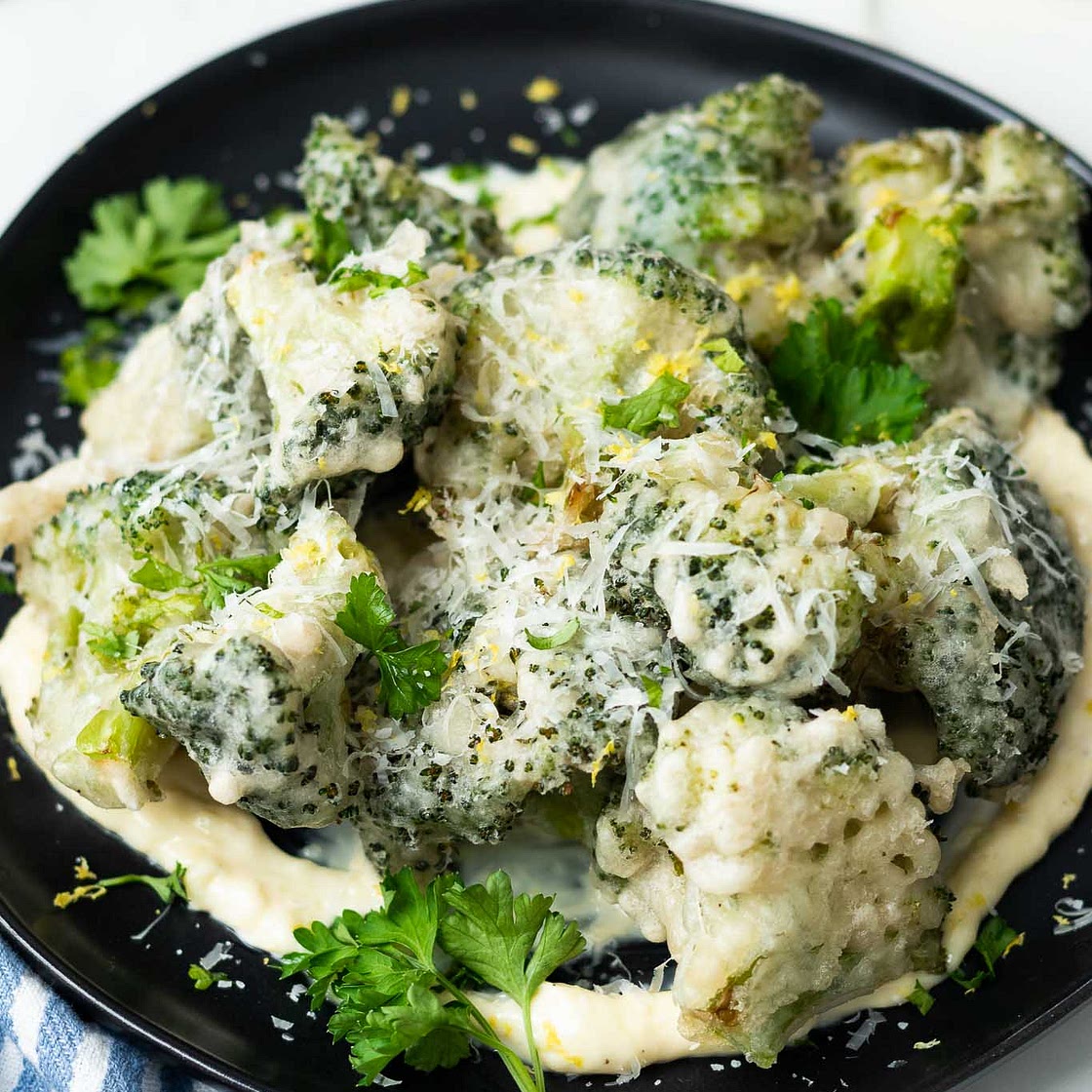 Fried Broccoli Tempura with Garlic Parmesan Aioli