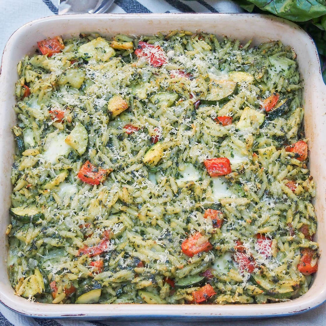 Creamy chard pesto baked orzo