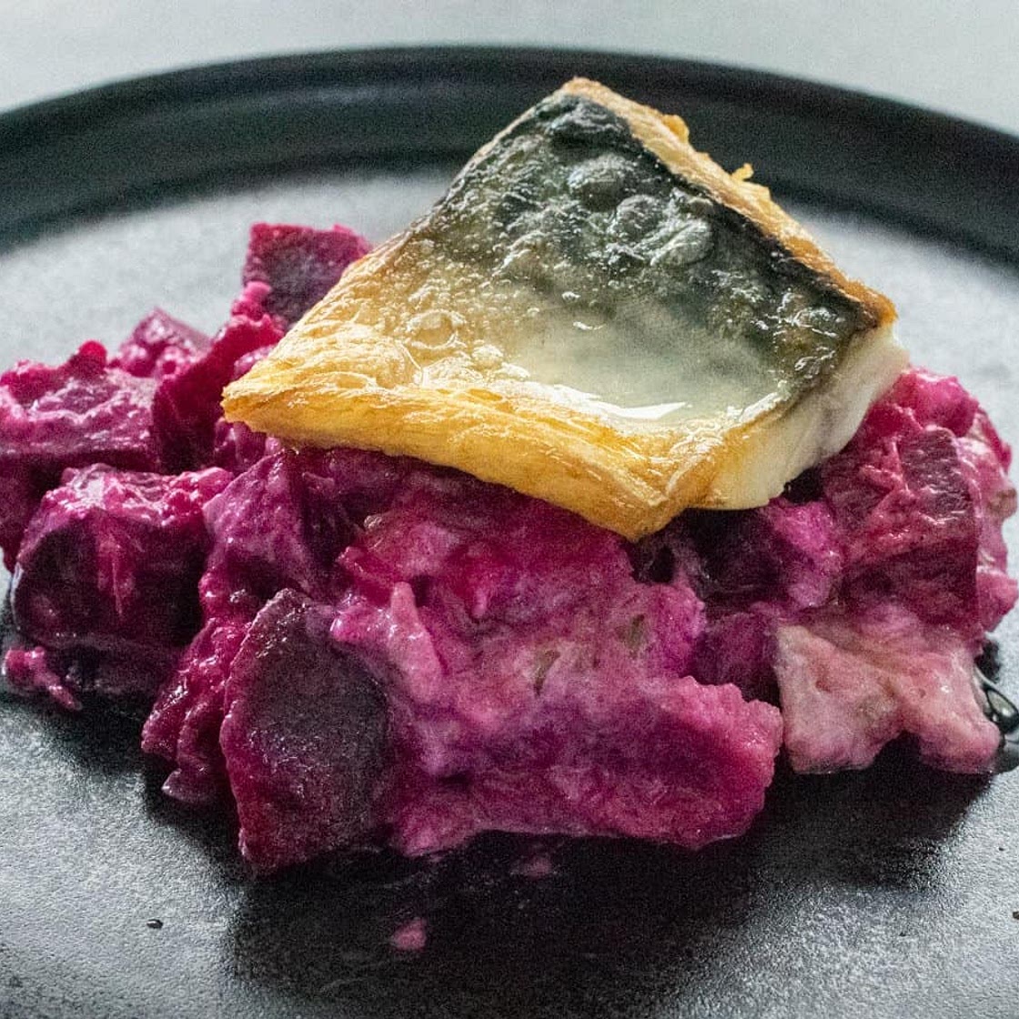 Mackerel fillet with beetroot, bramley apple and horseradish