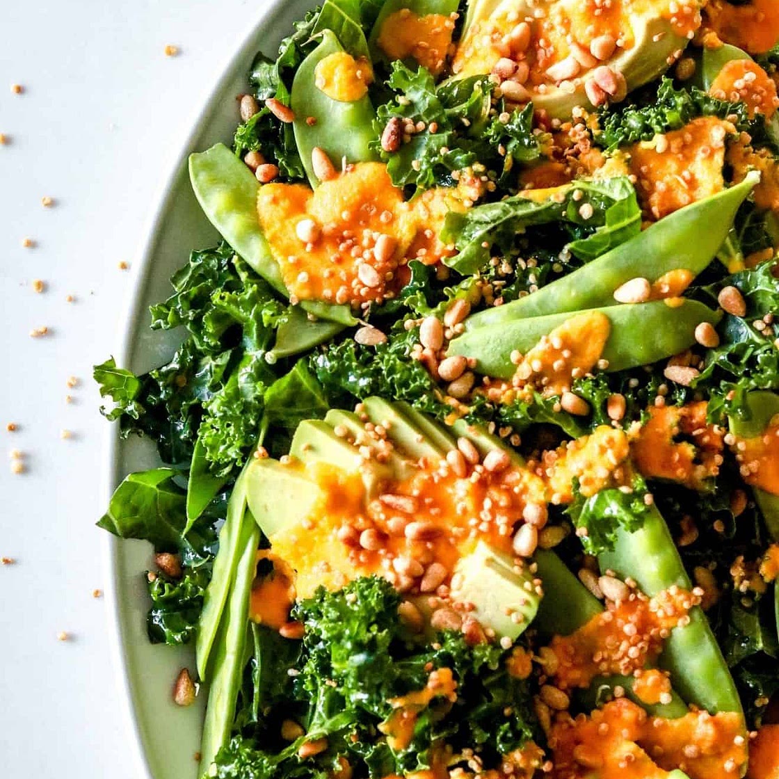 Crunchy Kale Avocado Salad + Ginger Carrot Dressing