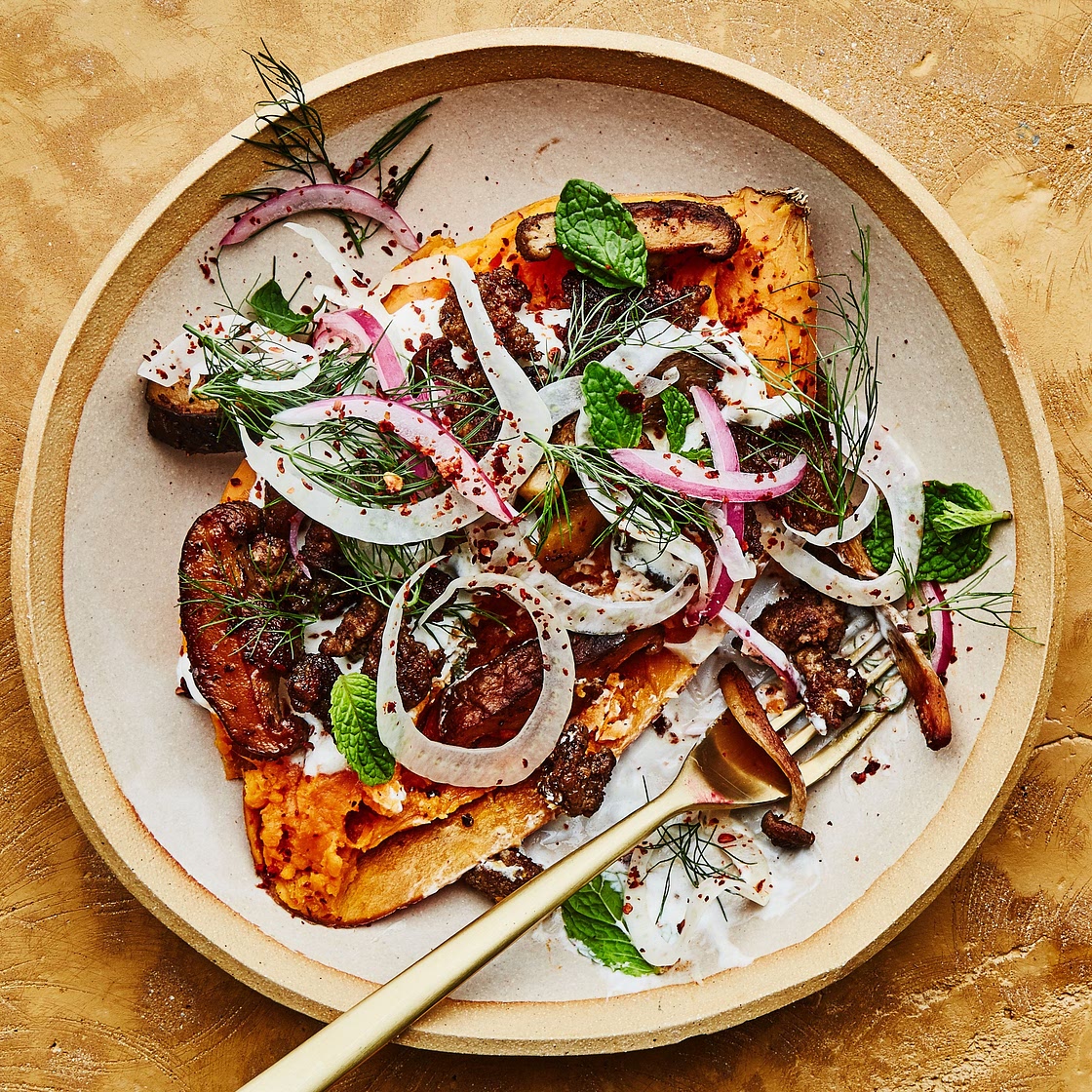 Sweet Potato Bowls With Spiced Lamb and Mushrooms